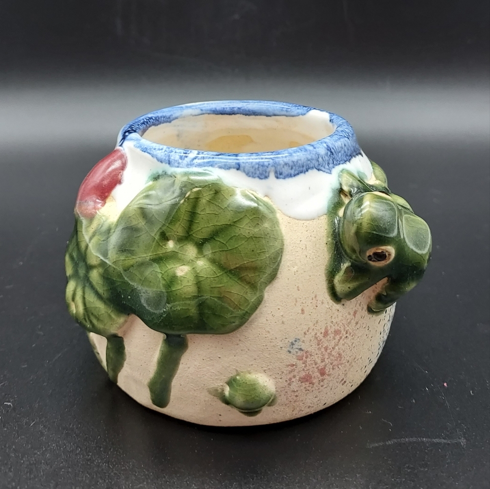 Arts & Crafts Majolica Style Pottery Vase 3D Lily Pad Lotus Frog Glazed